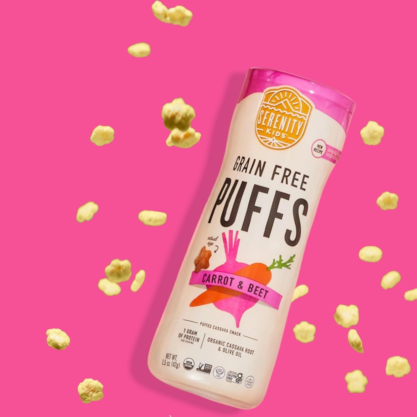 Serenity Kids 6+ Month Grain-Free Baby Veggie Puffs - No Added Sugar - Gluten-, Rice-, Dairy- & Soy-Free - Organic Cassava, Carrot & Beet - Portable Toddler Snacks - 1.5 Oz, 6 Pack