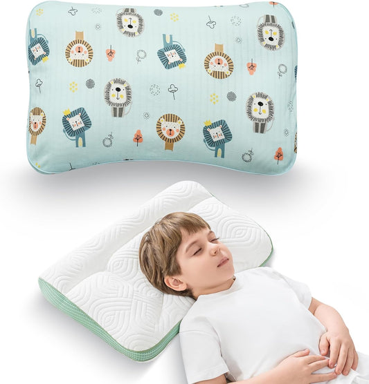 Reidio 1Pc Toddler Pillows with Removable Cotton Pillowcase Ergonomic Design Toddler Pillows for Sleeping Toddler Neck Pillow Kids Pillows Machine Washable 14x20in (Blue Green)