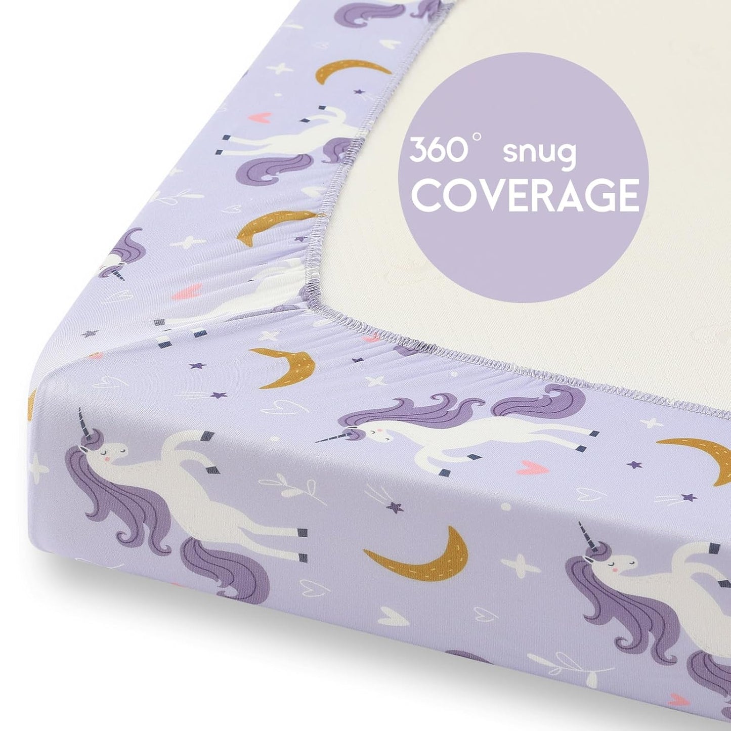 Yoofoss Pack and Play Sheets Fitted, Mini Crib Sheets 2-Pack for Pack N Play Mattress, Stretchy Playard Sheet, Soft and Breathable (Purple+Unicorn)