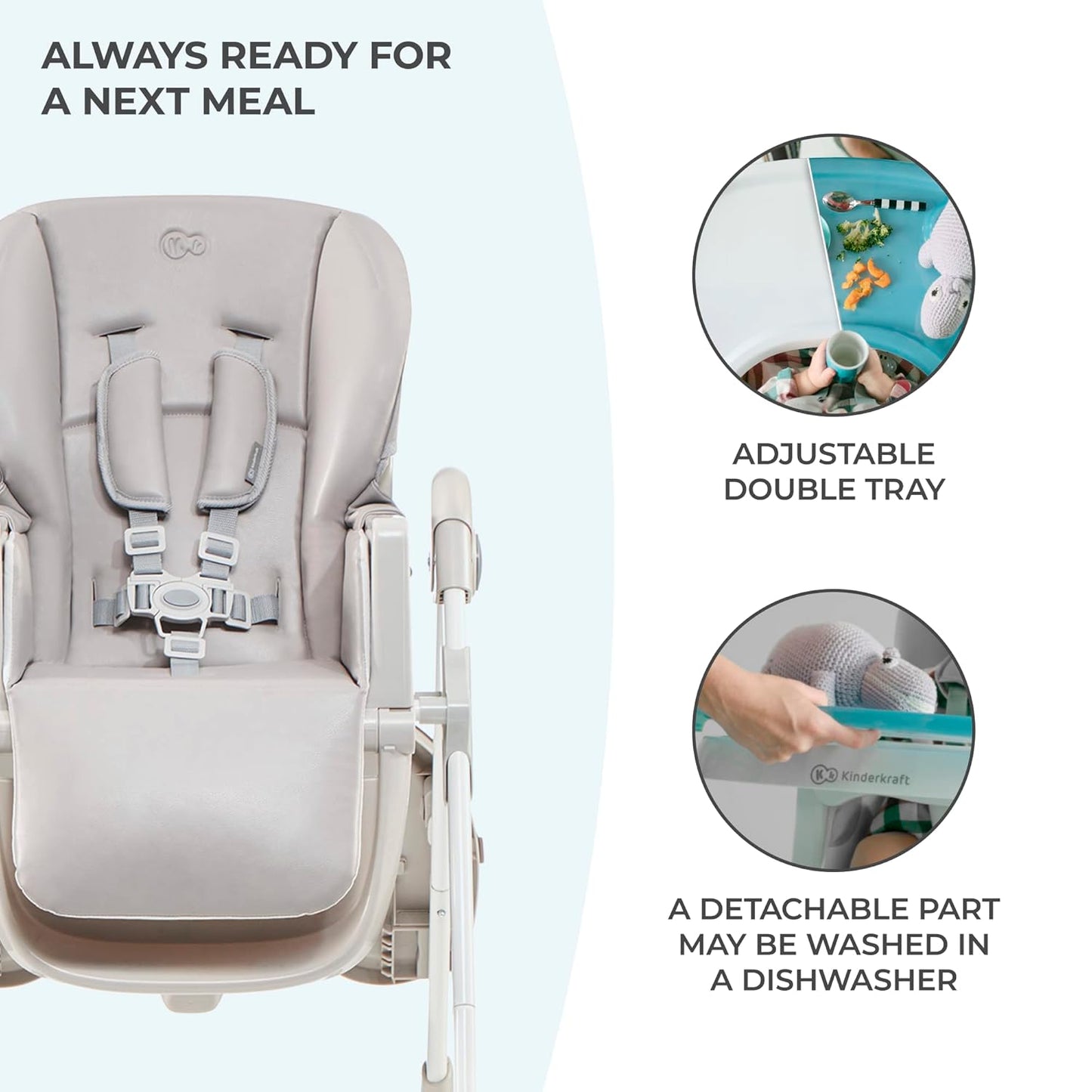 Kinderkraft Highchair Yummy, Baby Chair, Ergonomic, Comfortable, Reclining, Foldable, with Ajustable Height, Footrest, Detachable Double Tray, for Toddler, from 6 Month to 3 Years, Gray