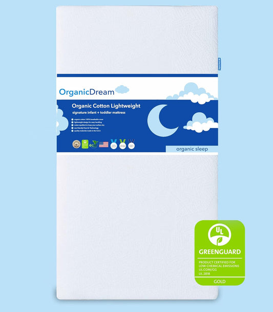Organic Dream Crib and Toddler Mattress - 100% Breathable Proven to Reduce Suffocation Risk, 100% Washable Cover, Baby + Toddler Bed, GREENGUARD Certified, Hypoallergenic - Deluxe 5"- White