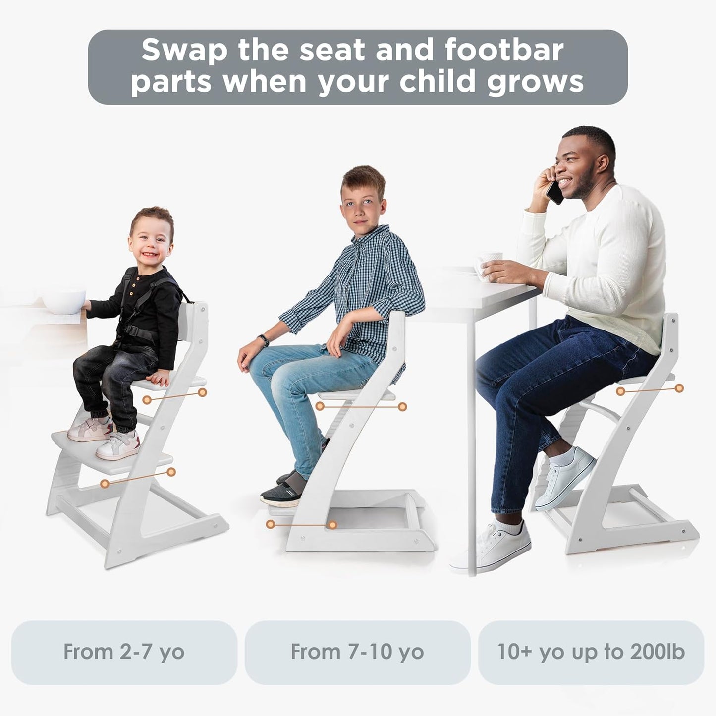FORNEL Modern White Wooden High Chair | The Forever Chair That Grows from Toddler to Adult (200 lb) | Sleek, Easy-to-Clean Scandinavian Design