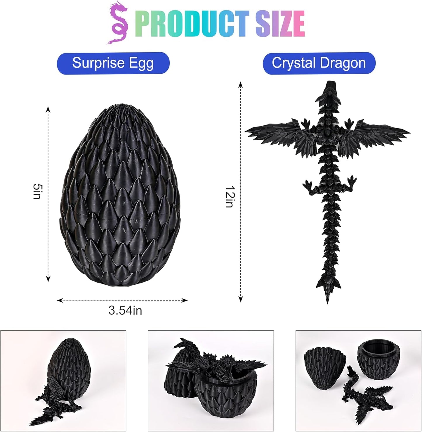 12inch Fly Dragon Egg, Year of The Dragon, 3D Printed Dragon, Executive Desk Toys, Articulated Dragon, Fidget Toys Gifts for Graduates Students Teachers Adults (Black)