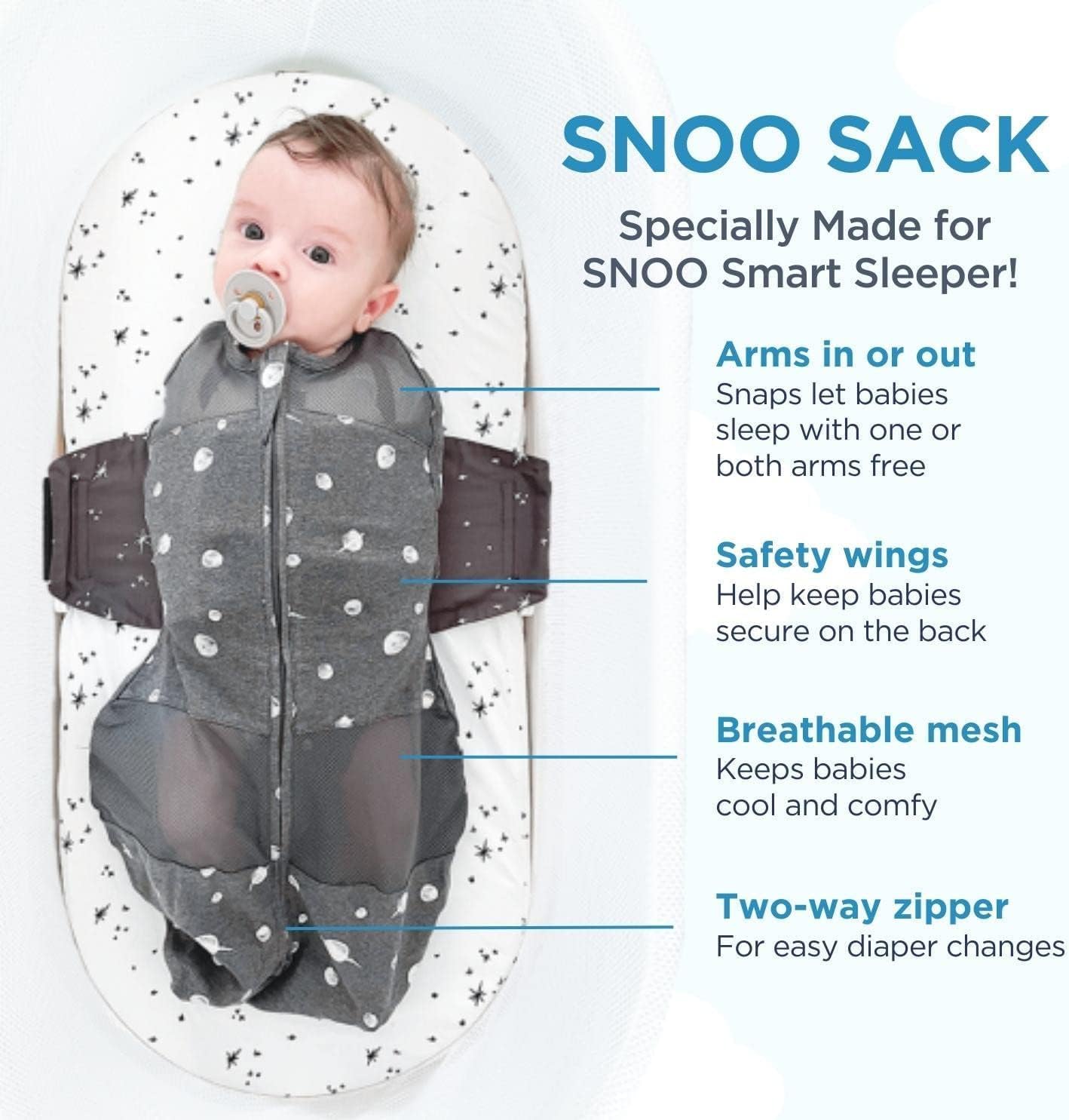 Happiest Baby SNOO Sleep Sack - 100% Organic Cotton Baby Swaddle Blanket - Doctor Designed Promotes Healthy Hip Development (Midnight Planets, X-Large)