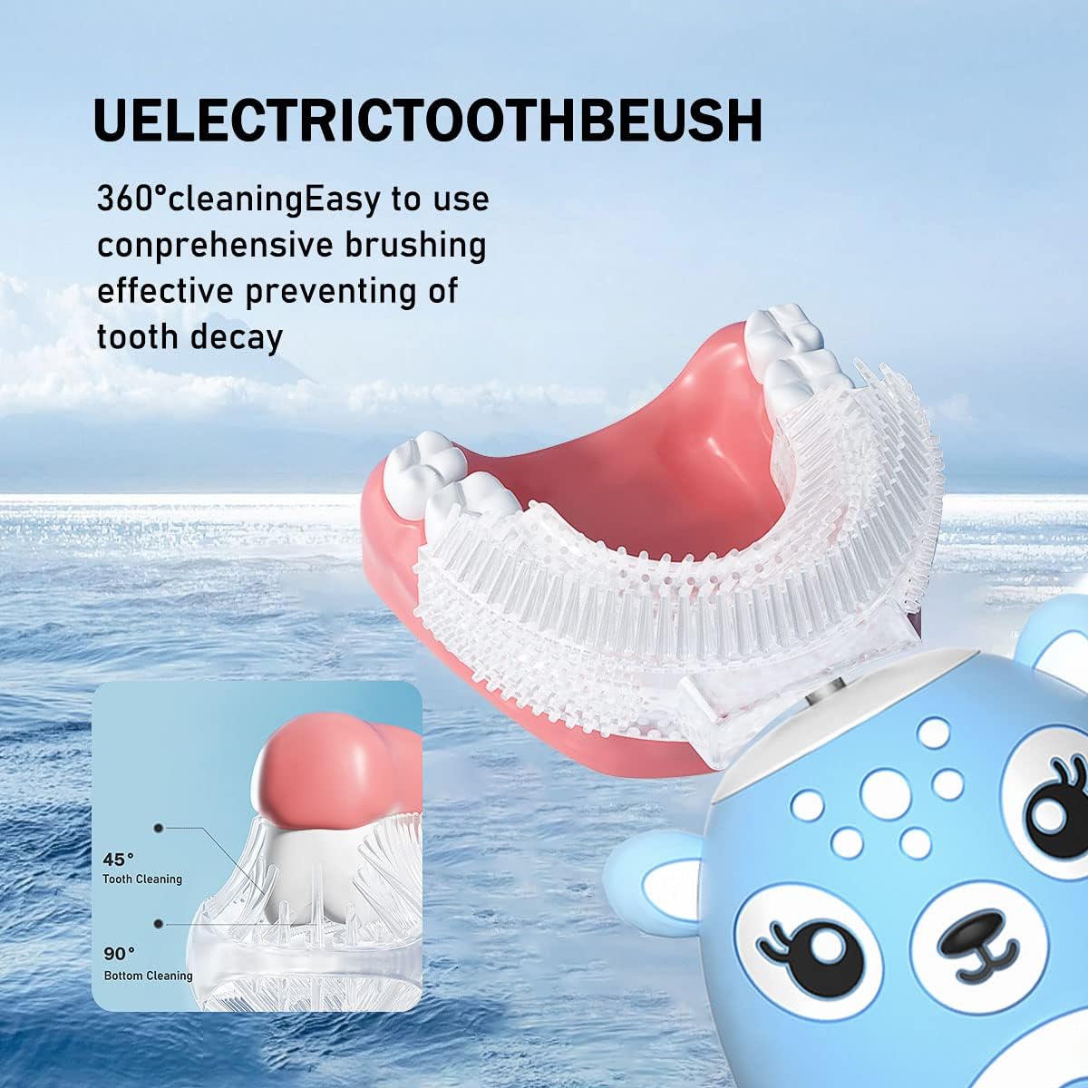 Kids Electric Toothbrushs U Shaped sonic Automatic Toothbrush with 4 Brush Heads, Six Cleaning Modes,Cartoon deer Modeling , full mouth toothbrush for baby