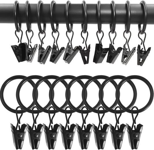 100 Pack Black Curtain Rings with Clips, Curtain Hooks Hangers Clip Rings for Hanging Drapes Bows Hat, Drapery Rings 1 in I D, Fits up to 5/8 in Diameter Curtain Rod.