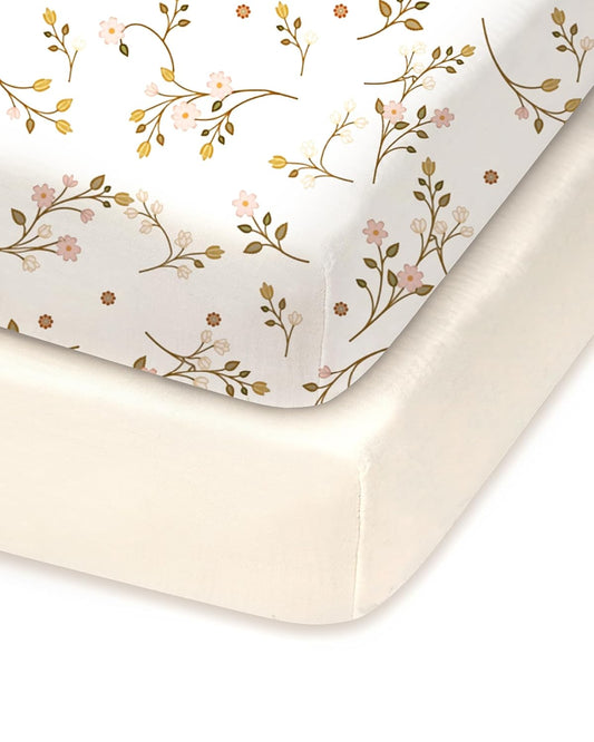 Pack and Play Sheets Fitted, Pink Vintage Floral&Beige, Soft and Safe, Hypoallergenic, 2 Pack for Baby Girls