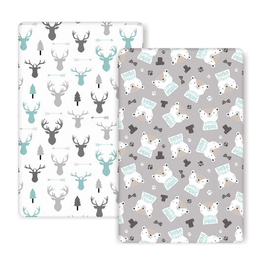 GRSSDER Stretchy Ultra Soft Jersey Knit Fitted Pack n Play Sheets 2 Pack, Playard Sheets for Baby Girls and Boys, Universal Fit for Pack N Plays Safe and Snug, Cute Bear and Deer