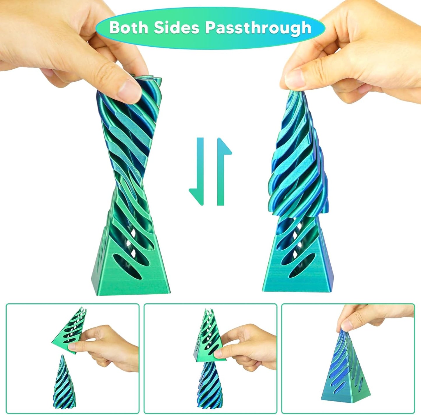 Impossible Pyramid Passthrough Sculpture, 3D Printed Spiral Cone Fidget Toys, Anxiety Relief Pass Through Pyramid Fidget Toy, Stress Relief Desk Toy Adults, Christmas, Birthday Gifts (Green Blue)