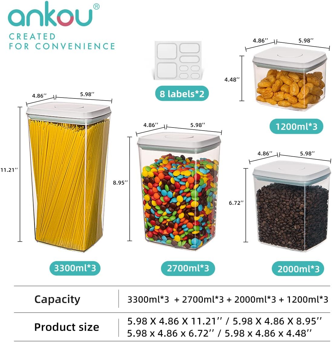 Ankou Pop Airtight Food Storage Containers with Lids for Kitchen Pantry Organizing Stackable Container for Cereal Snack Flour Sugar Coffee Spaghetti -12 Pcs(1.2, 2.0, 2.7, 3.3qt)*3