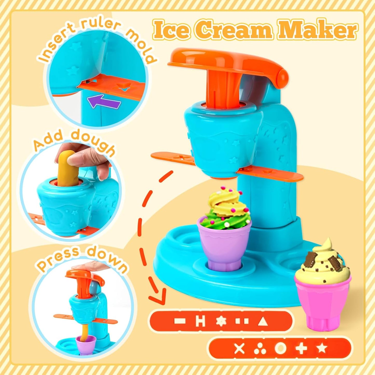 59 PCS 3 in 1 Dough Sets for Kids Ages 2-4-8, Art Crafts Dough Tools Kit, Ice Cream Playset Noodle Hamburger Maker Machine, Kitchen Creations Food Play Toys Toddlers Boys Girls