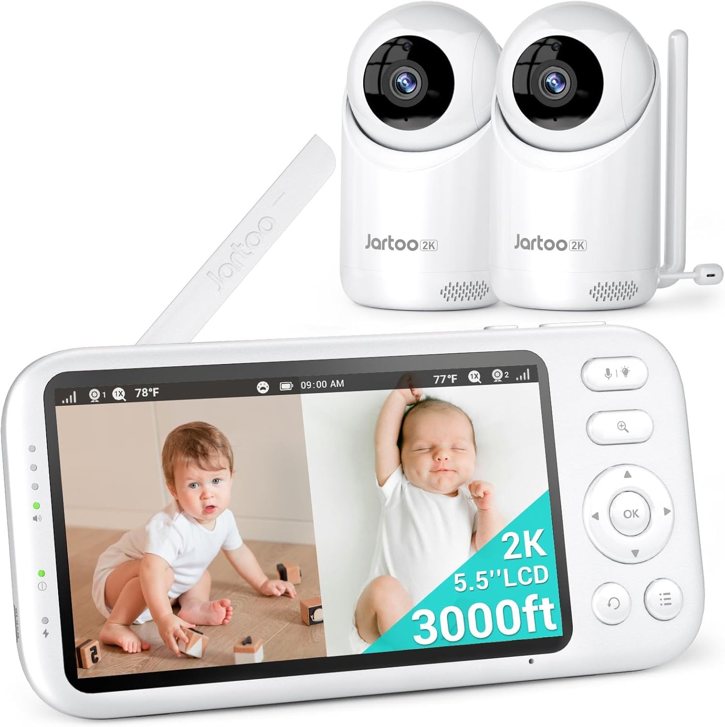 2K Video Baby Monitor with 2 Cameras and Audio, 3000ft Long Range Baby Monitor No WiFi, 5.5" Split Display, VOX - AI Cry Detect, ANR, IR Night Vision, 2-Way Audio, 6000mAh