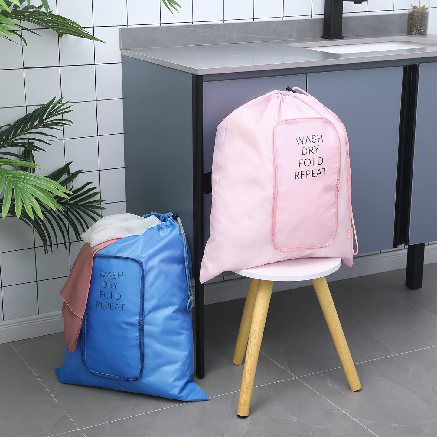 2 Pcs Travel Laundry Bag Washable Dirty Clothes Bag with Drawstring and Zipper for Suitcase, 22 x 18 Inch (Pink, Blue,Classic)