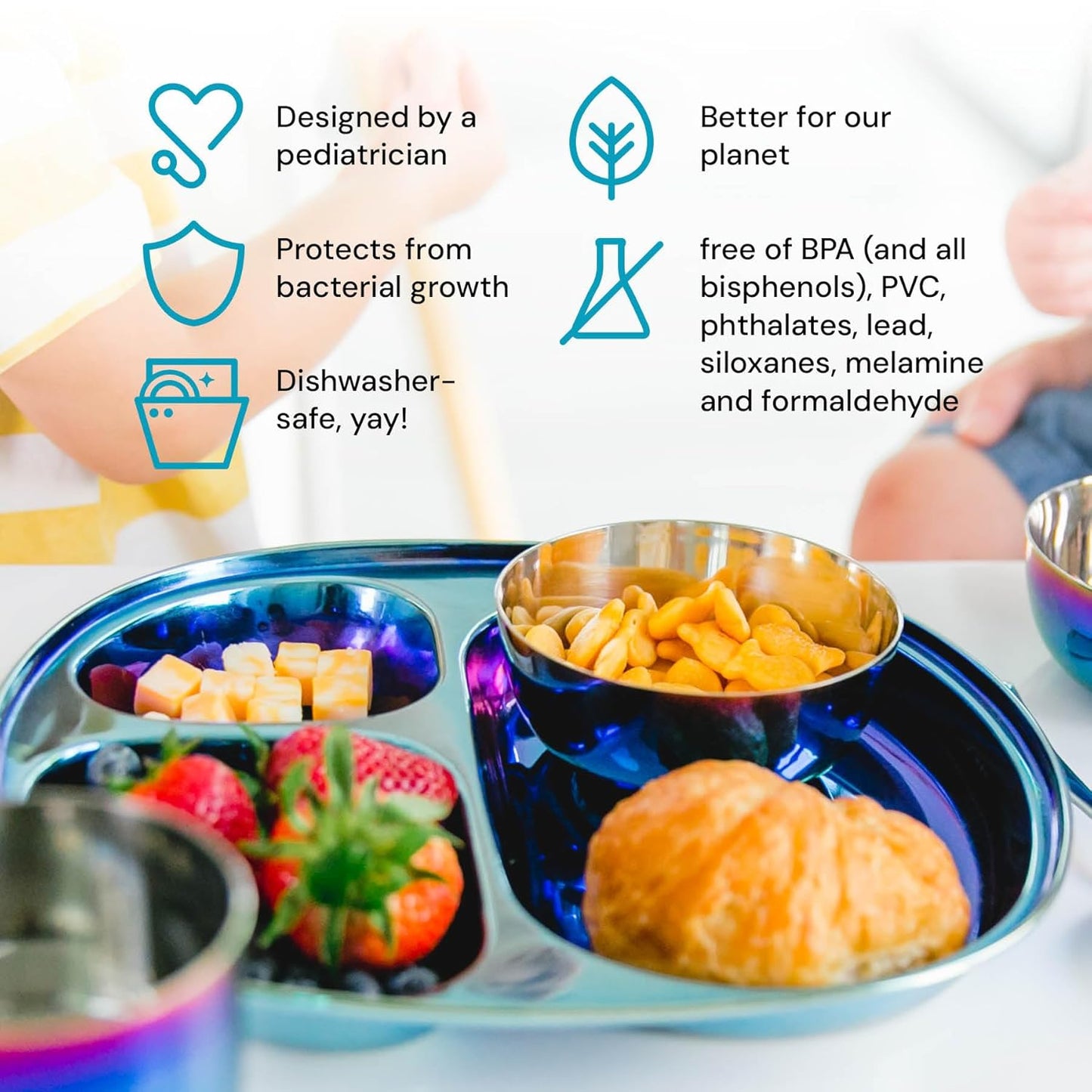 Ahimsa Stainless Steel Kids Plates - Divided Toddler Plates, Pediatrician Designed, Non Toxic Toddler Plate, BPA Free & Dishwasher Safe (Blue Single)
