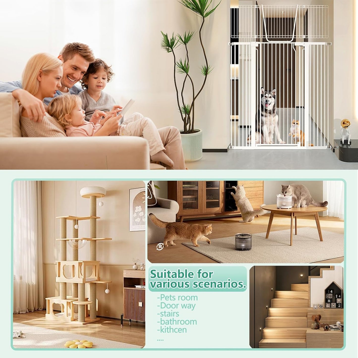 71" Extra Tall Cat Gate for Doorway – 28.5"-48.7" Extra Wide Pet Gate with Adjustable Cat Door Wide,Auto Close, Pressure Mounted, Pet Gate for Cats & Small Dogs, Hallway, Stairs, Kitchen