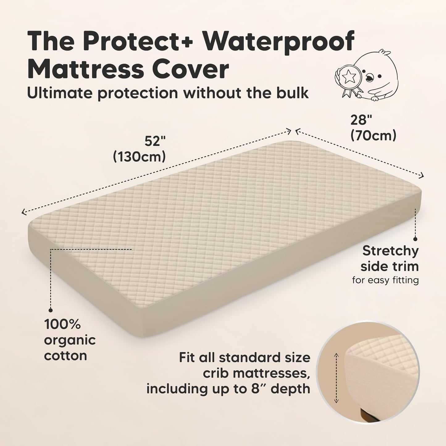 Waterproof Crib Mattress Protector Cover Fitted - 2-Pack Quiet Baby Crib Mattress Pad Sheets, 52" x 28" Soft Quilted Cotton Baby Sheet, Machine Washable, Easy Fit, Durable (Ecru/Quin)