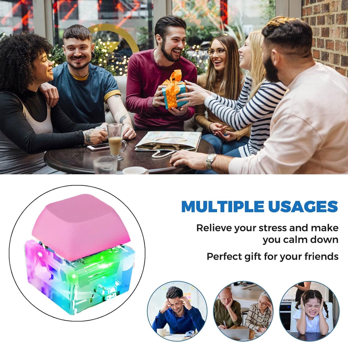 Keyboard Fidget Toys, Keyboard Fidget Keychain Keyboard Decompression Toys Keyboard Fidget Toy Button Stress Relief Gifts for Adult and Kids,Finger Clicker Toys,ADHD Toy,Cool Fidgets(LED Light-Pink)