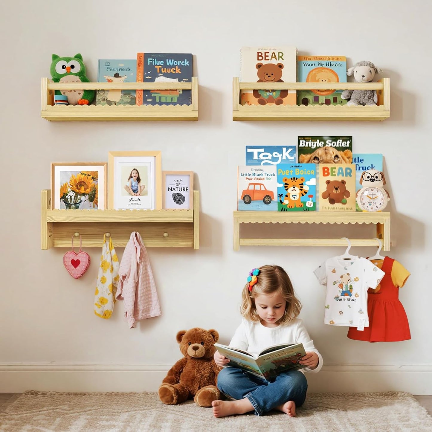Idefair 16.5 Inch Floating Nursery Book Shelves Set of 4, Kid's Bookshelf for Wall, Natural Wood Toddler Room Decor and Storage Hanging Organizer
