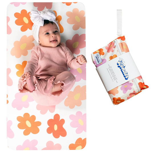 Leather Changing Mat with Reusable Waterproof Wet Bag, (16 x 30 Inches) Baby Changing Mat, Non-Toxic Changing Pad Portable Folds and Wipes Clean, Baby Changing Pad Travel (Floral)