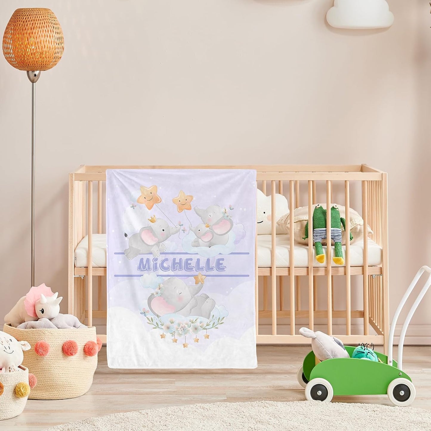 Personalized Baby Blanket with Name, Cute Custom Light Purple Elephant Name Blankets Toddler Girls Soft Flannne Swaddling Blankets Customized Memorial Gift from Nana for Infant Newborn Shower