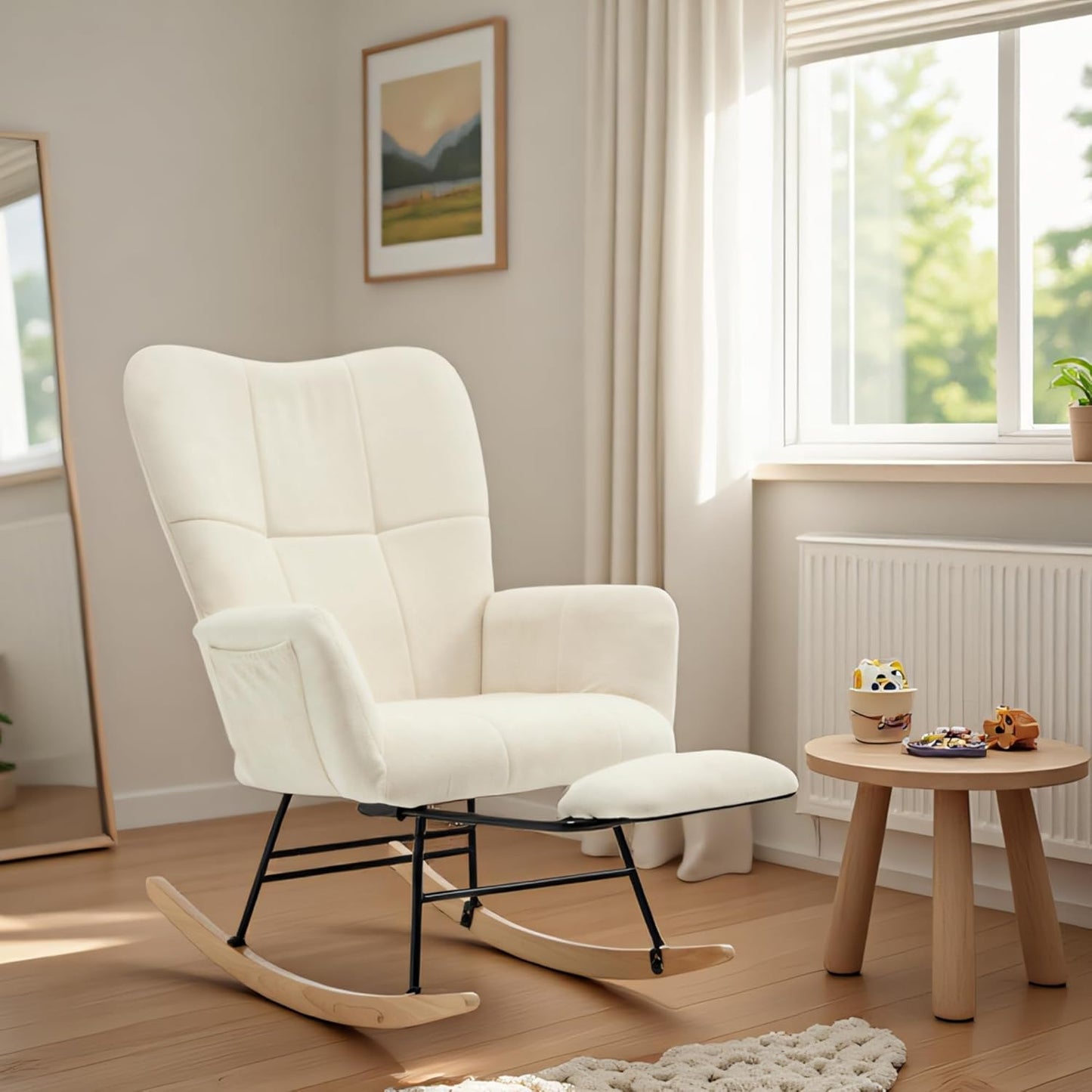 KEEZY Rocking Chair Nursery,Upholstered Glider Chair Padded Seat with High Backrest,Reading Chair,Armchair Comfy Side Chair for Living Room Bedroom Offices (Beige)