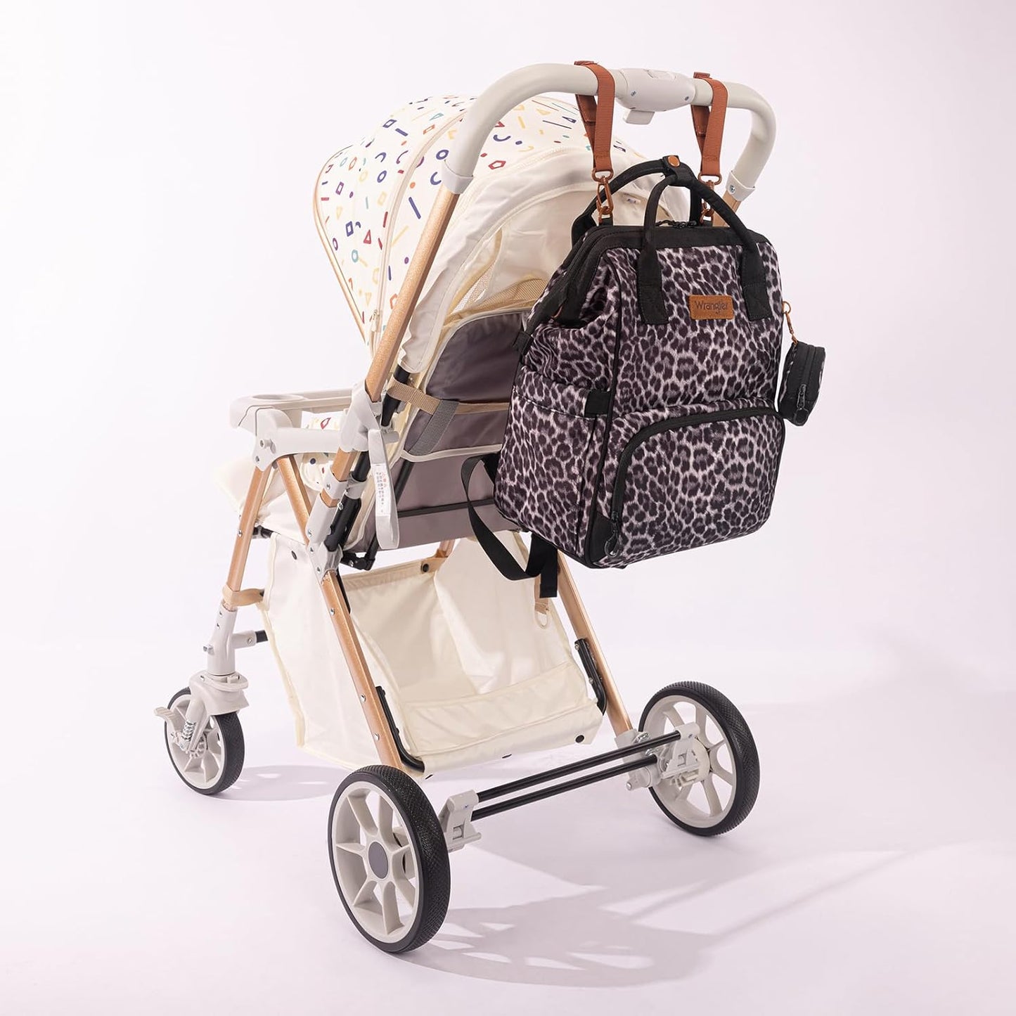 Wrangler Leopard Print Backpack Multifunction Baby Travel Bag with Changing Pad, Stroller Straps and Pacifier Case WG2204-91103LP-BK