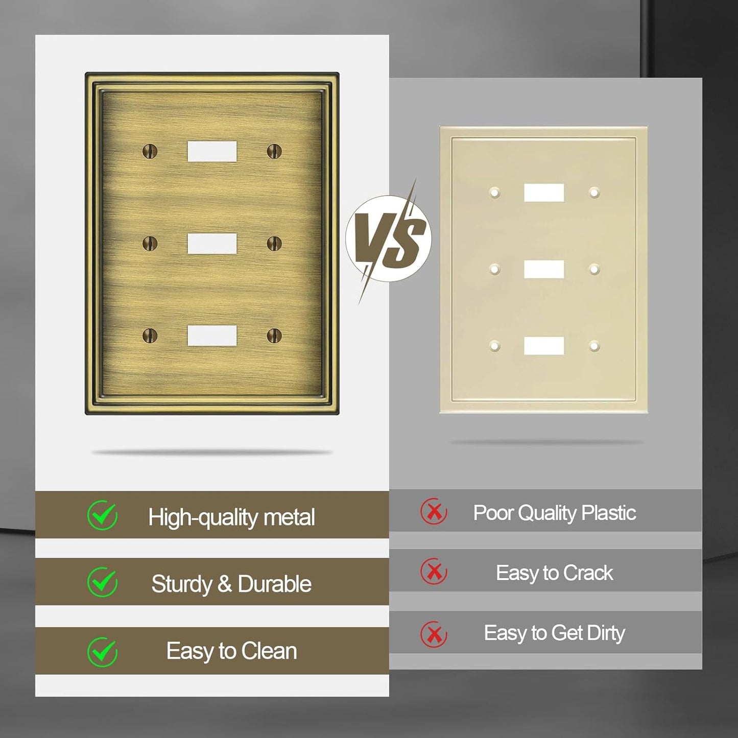 2 Pack Triple Toggle Light Switch Covers Plate, Antique Brass Metal Material Switch Plate Covers, 3 Gang Wall Plate for Light Switch - Classic Style