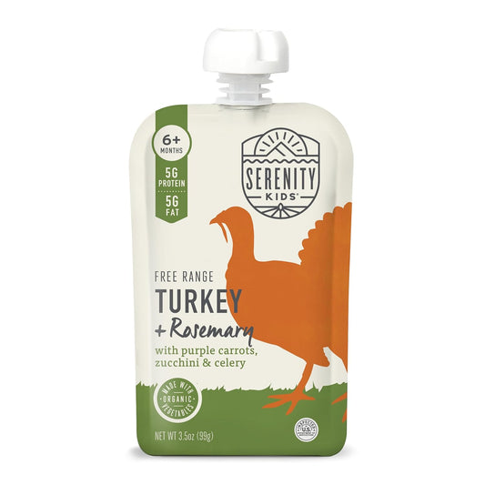 Serenity Kids 6+ Month Baby Food Puree Pouches with Ethically Sourced Meat & Organic Veggies - 3.5 Oz BPA-Free Pouch - Free Range Turkey, Rosemary, Carrot, Zucchini - 6-Pack Turkey Infant Food