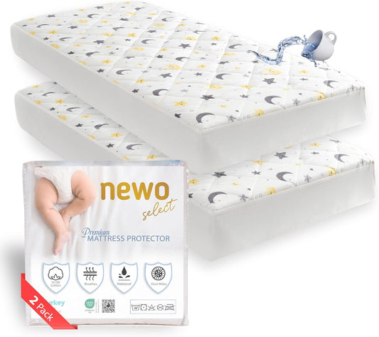 Waterproof Crib Mattress Protector Sheets,%100 Cotton Fabric, Absorbent Crib/Toddler Mattress Protector, Quilted, Certified, Noiseless Machine Wash, Moon&Star Pattern 52"x28" (Small Single, 1, Pack)