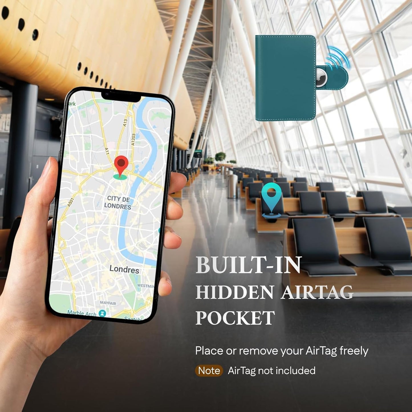 ALLIVE Rfid Passport Holder for Travel, Women & Men, Passport Cover Wallet with AirTag Hidden, Genuine Leather Passport Holder Essential for Business Travel, Airport Security (Lake Blue)