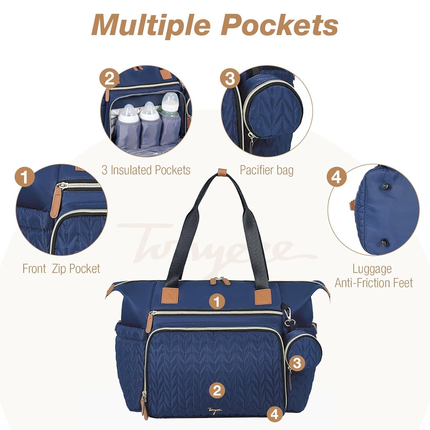 Diaper Bag Tote, Large Baby Diaper Bags Waterproof, Hospital Bag for Labor Delivery with Pacifier Case, Changing Pad, Shoulder Strap, Dark Blue