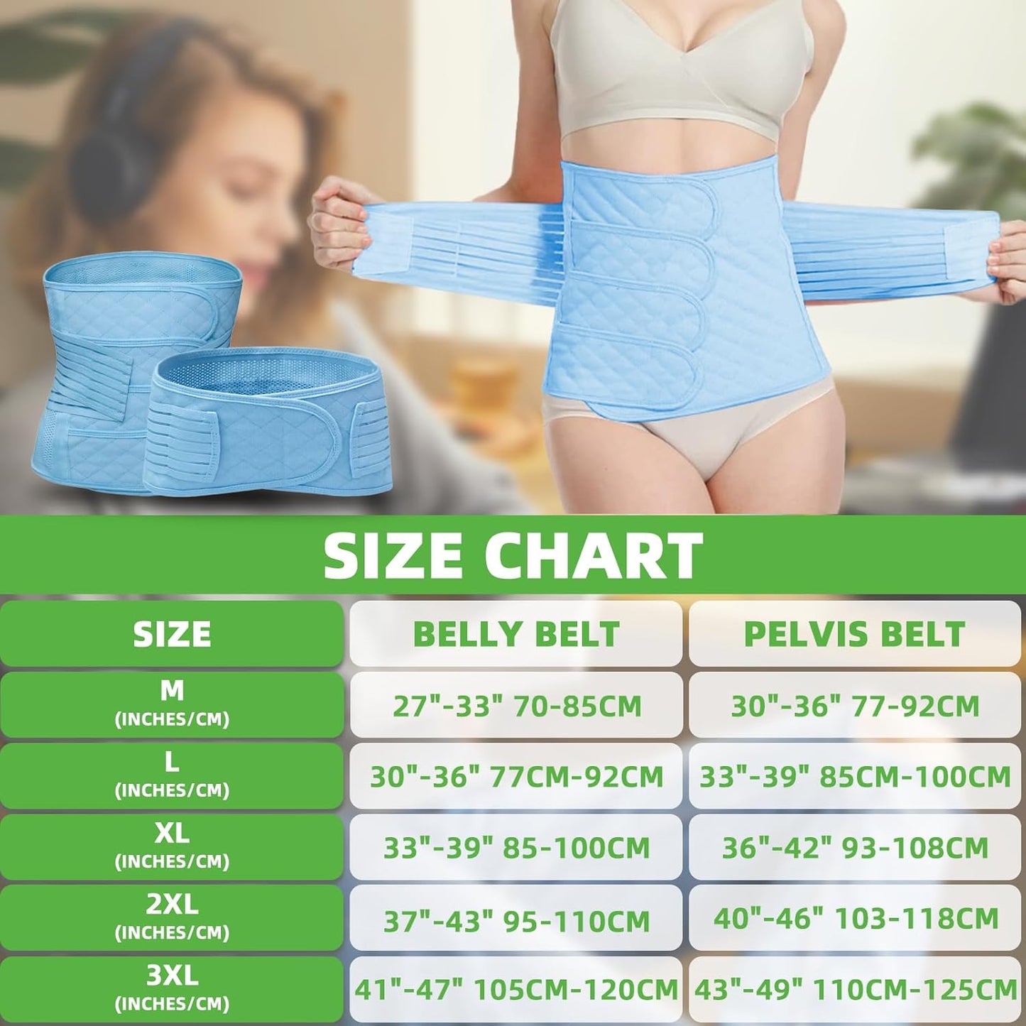 2 in 1 Postpartum Belly Band Wrap Blue, C-Section Support Belt X-Large, Post Partum Support Recovery Waist/Pelvis Belt, Hysterectomy Belly Band Binder Girdle Stomach