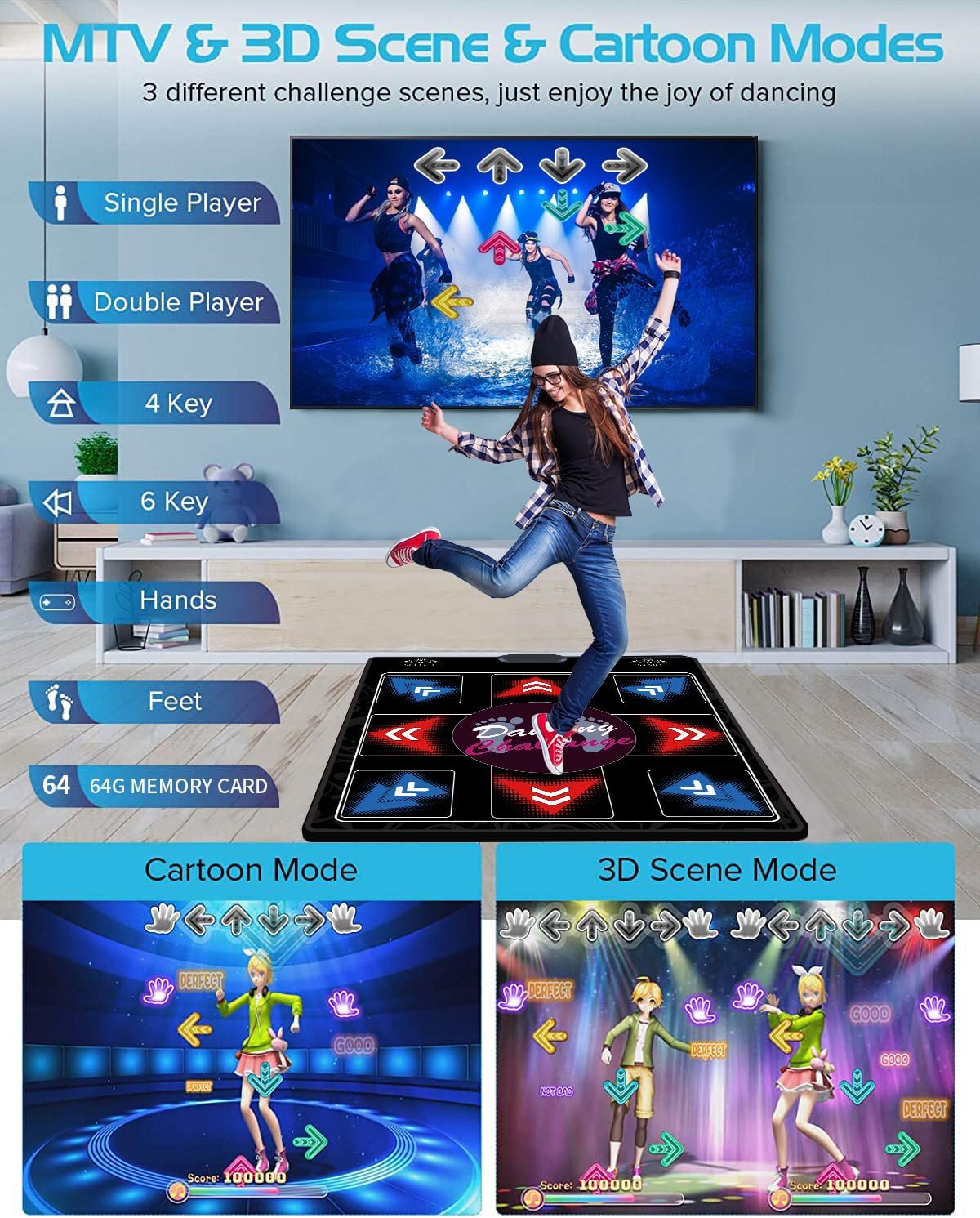 A Single-Person Dance mat with Camera, 64GB Card, 1000 Games,650 Songs, 81 Music Videos. Luxurious Gift for Boys and Girls, Made of high-Grade Flannel. Suitable for TV use.
