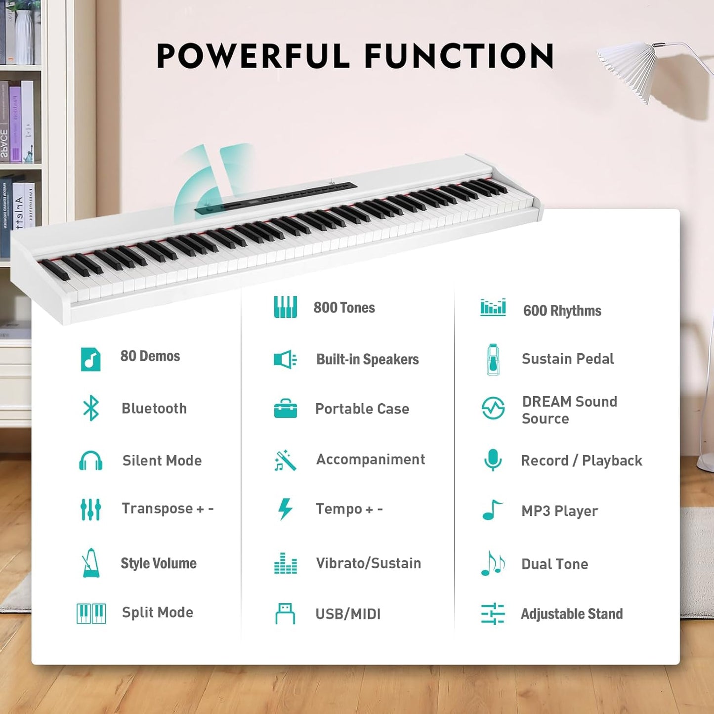 MUSTAR Digital Piano 88 Key Weighted with Stand, 88 Key Semi Weighted Keyboard Piano MEP-1000, Portable Electric Piano Keyboard 88 Keys with Bluetooth Connection, Case, Sustain Pedal, MDF, White
