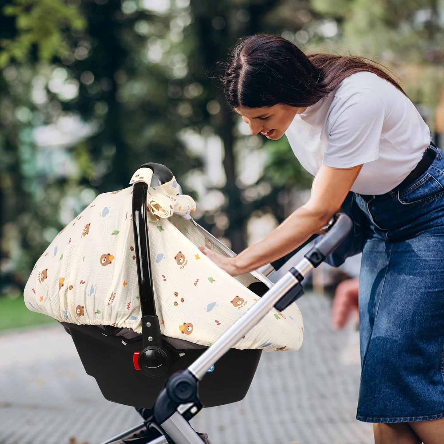 Hooyax Muslin Car Seat Cover Baby - Breathable and Privacy Car Seat Canopy with 3 Modes - Easy Install & Gift Box Packaging, Universal Fit for Infant Car Seats, Bear