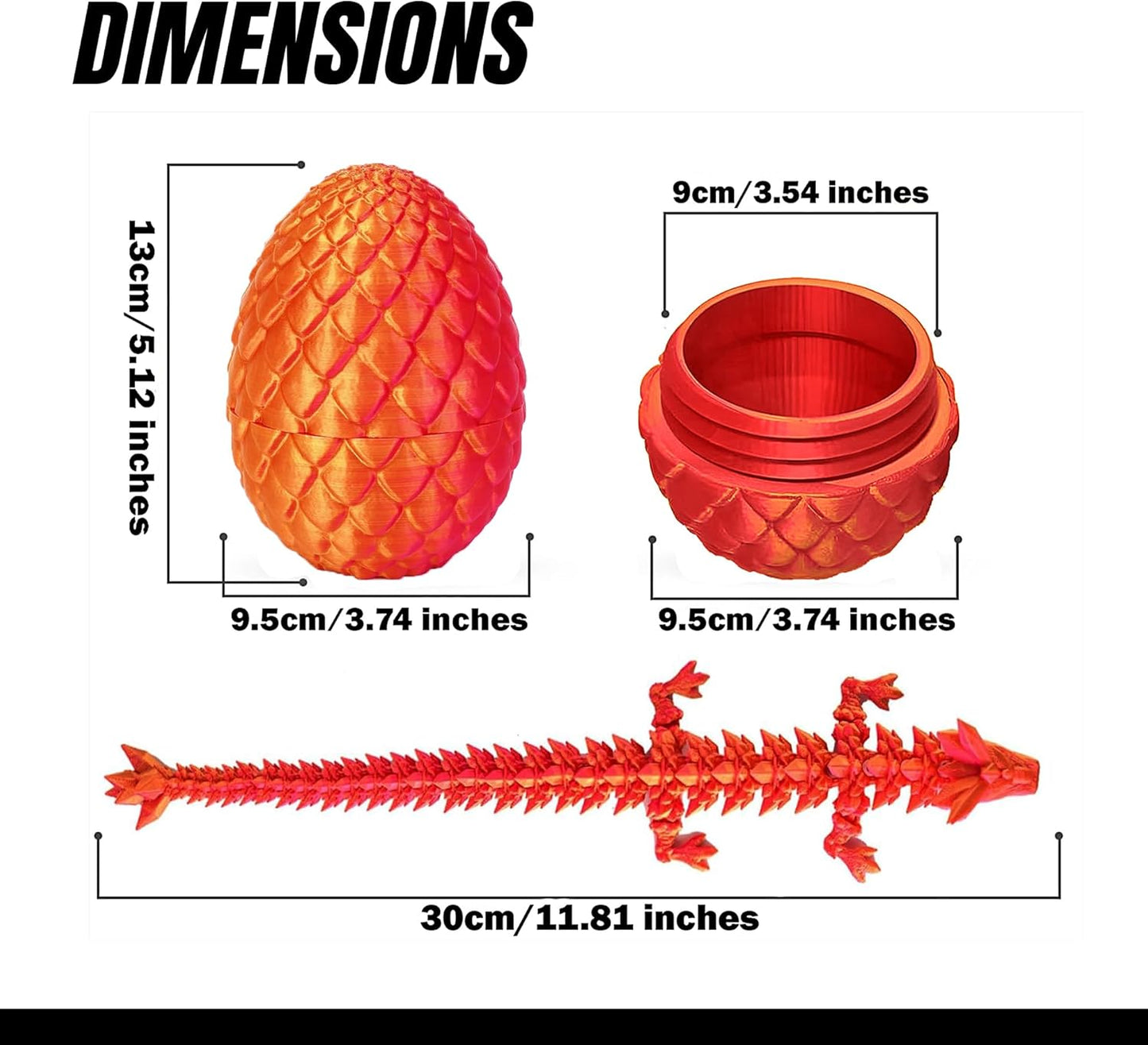 3D Printed Dragon in Egg, Full Articulated Dragon Crystal Dragon with Dragon Egg, Home Office Decor Executive Desk Toys, Adults Fidget Toys for Autism/ADHD, 12 Inches (Laser Orange)