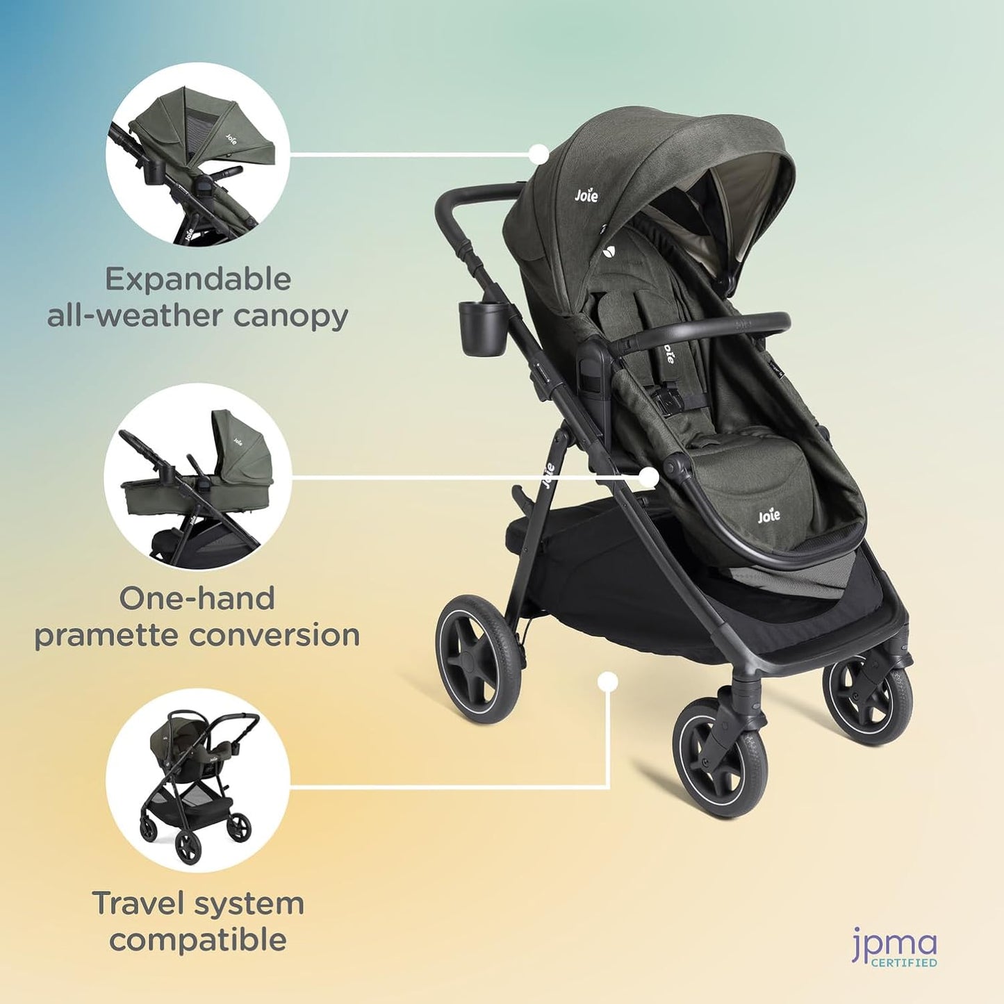 Joie Ginger lx 4-in-1 One-Hand Pramette Stroller - Easy Convertible Pramette and Stroller with a One-Hand Pramette Conversion, for Newborns to Toddlers (Shale)