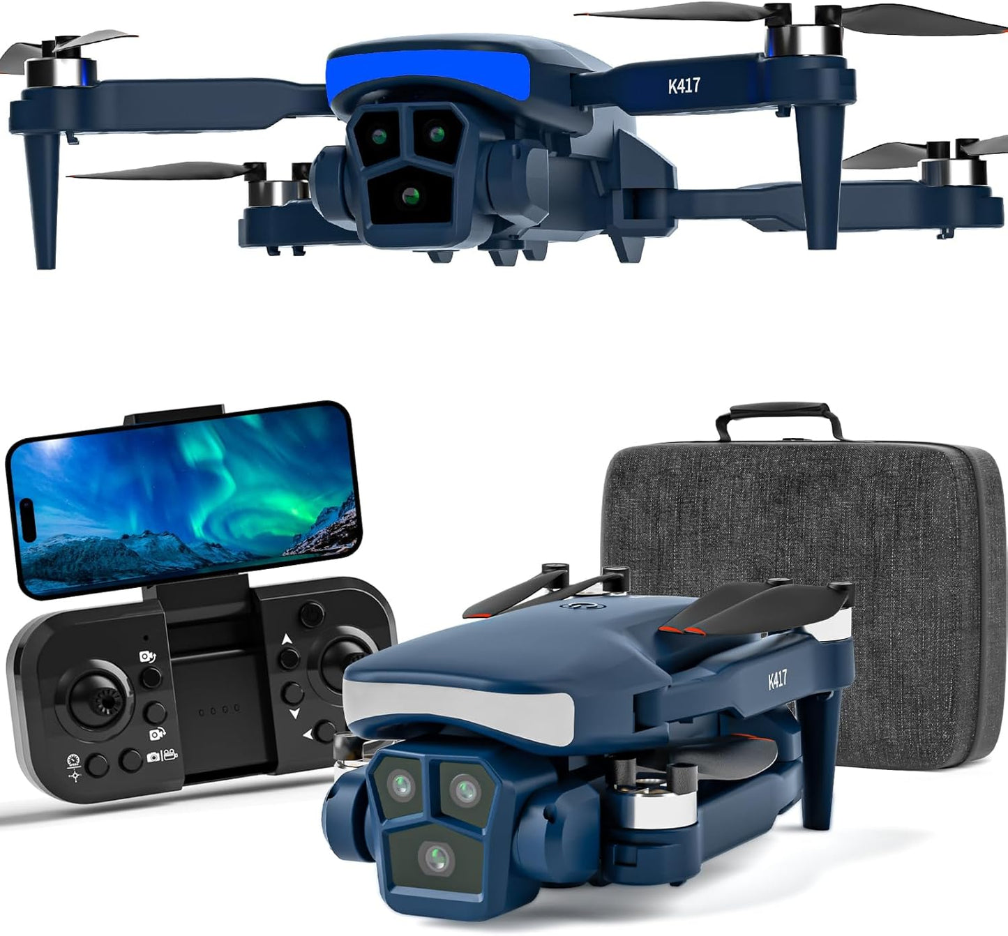 K417 Drone with 2 Cameras 1080P HD 90°Electric Adjustable FPV Drone Transmission,Blue LED Light Foldable Lightweight Remote Control Optical Flow Positioning Altitude Hold 3D Flip,for Adults Beginner