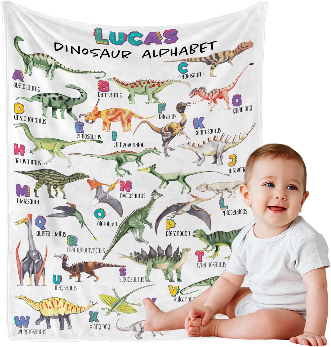 Personalized Dinasour Name Baby Blanket, Custom Cute Alphabet Name Blanket Toddler Boy Soft Flannne Swaddling Blankets Customized Monogram Memorial Gift from Nana for Infant Newborn Shower