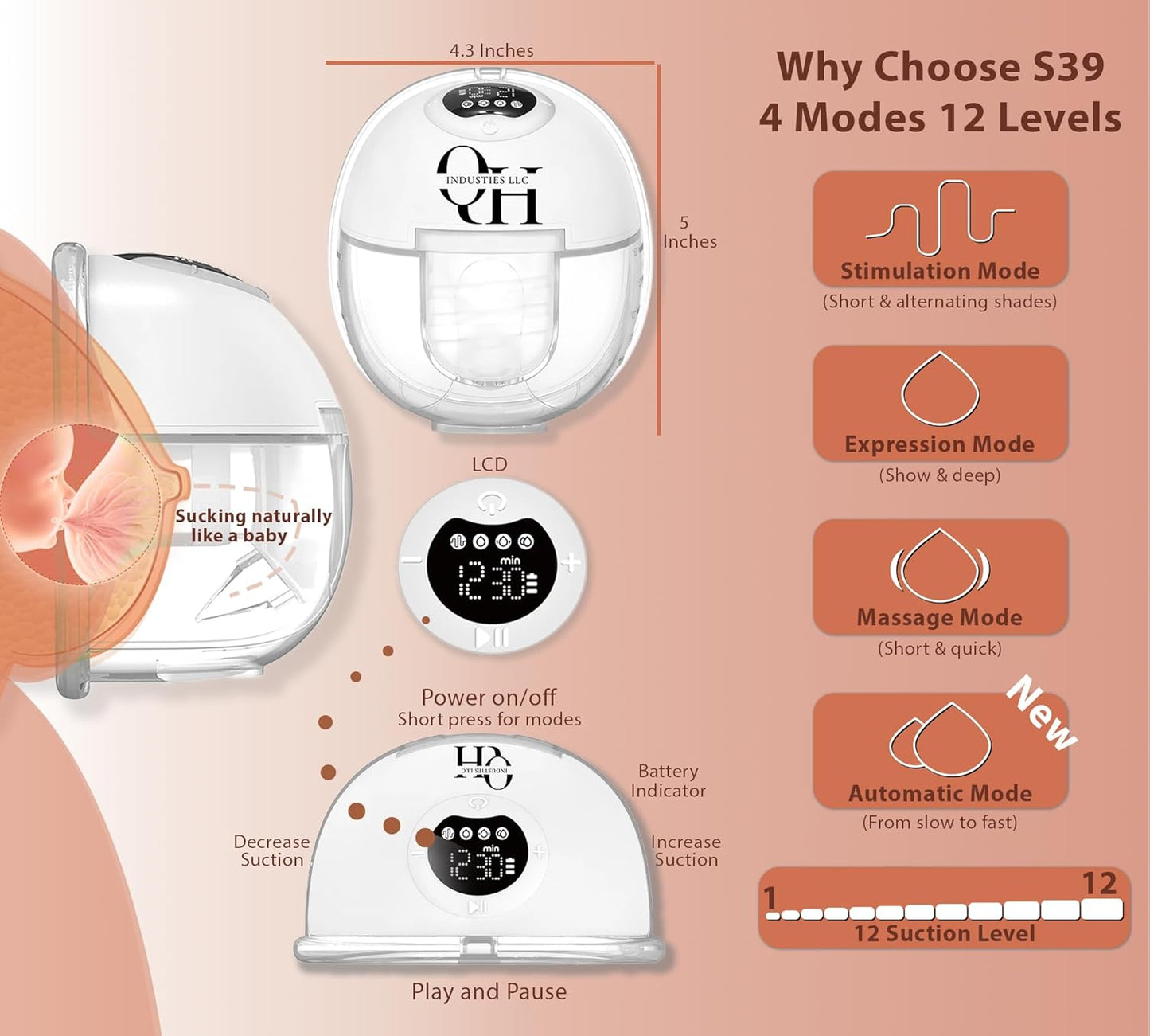 Upgraded S39 Wearable Breast Pump – Hands Free Electric Breastfeeding Pump with 4 Modes, 12 Levels,Quiet 300mmHg Suction,Extended Battery, Memory Function, Leak-Proof Double Seal, 17,21, 24mm Flanges