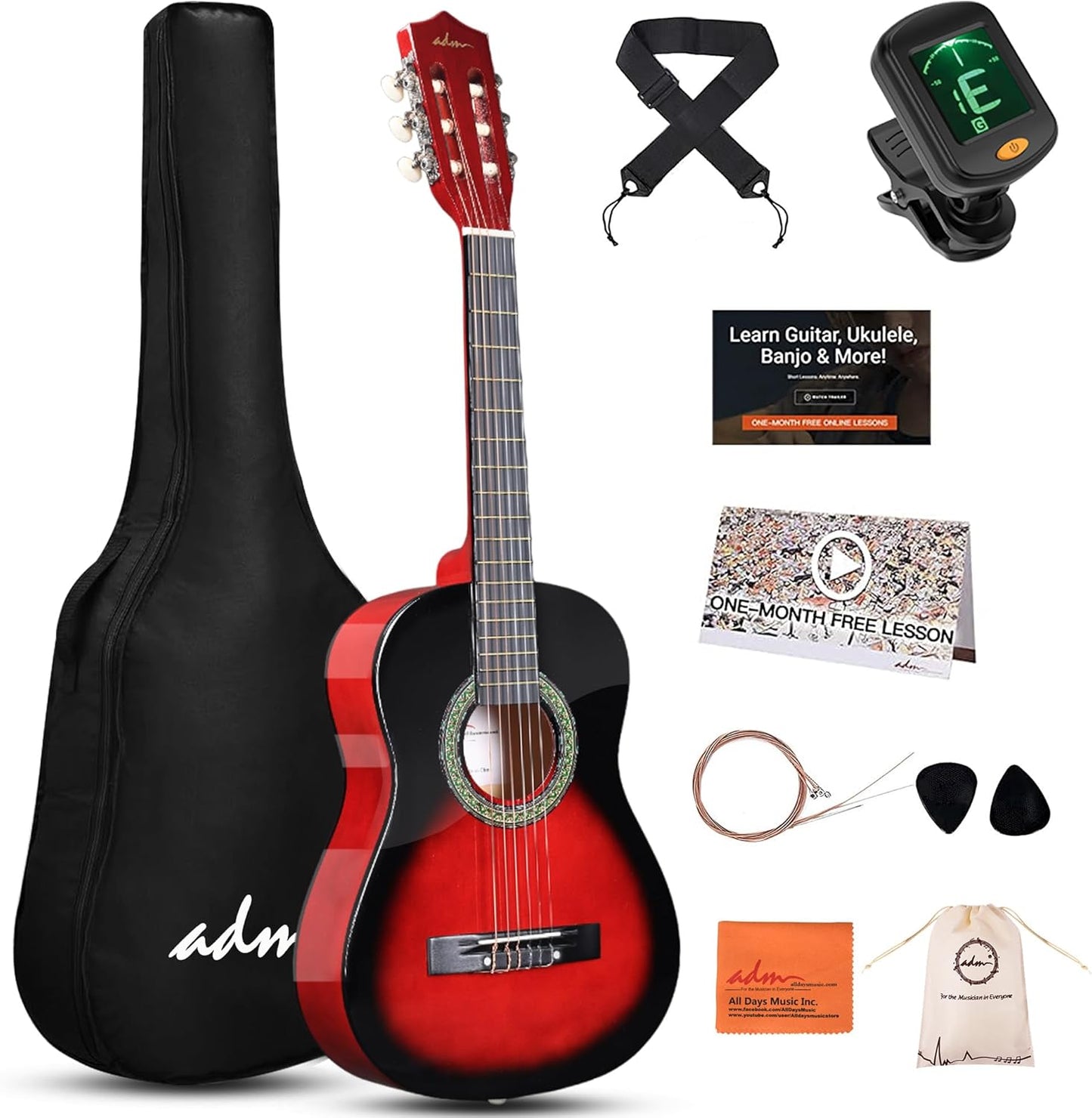 ADM Beginner Acoustic Classical Guitar Nylon Strings Wooden Guitar Bundle Kit for Kid Boy Girl Student Youth Guitarra Online Lessons with Gig Bag, Strap, Tuner, Strings, Picks (34 Inch, Redburst)