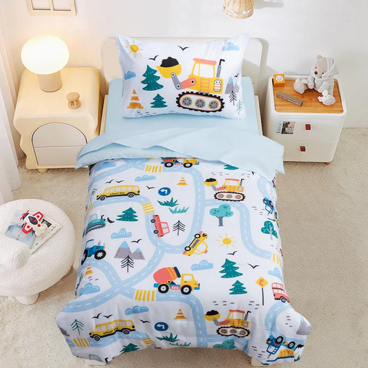 NTBED 4 Pieces Construction Toddler Bedding Set for Baby Boys, Truck Vehicles Excavator Cars Printed, Includes Comforter, Flat Sheet, Fitted Sheet and Pillowcase,Light Blue