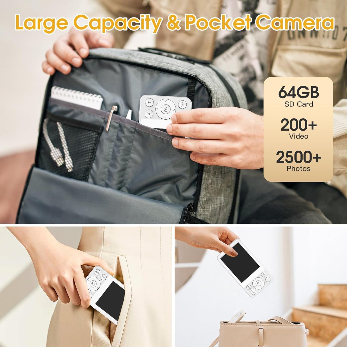 4K Digital Camera for Teens, FHD 64MP Digital Camera for Kids with 64GB SD Card, 18X Digital Zoom Cameras for Photography, Point and Shoot Video Camera for Kids, White