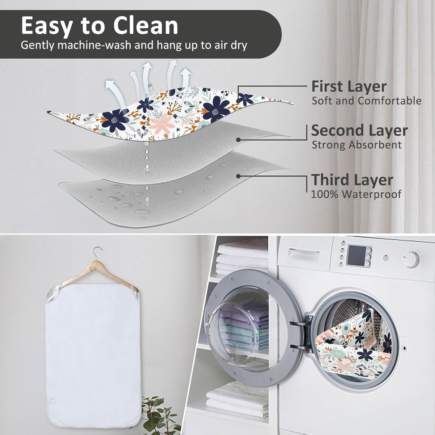 Baby Diaper Changing Pad, 21 5/8" x 31.5" Waterproof Changing Pad Liners - Reusable Soft and Absorbent Portable Changing Mat(Floral1PCS)