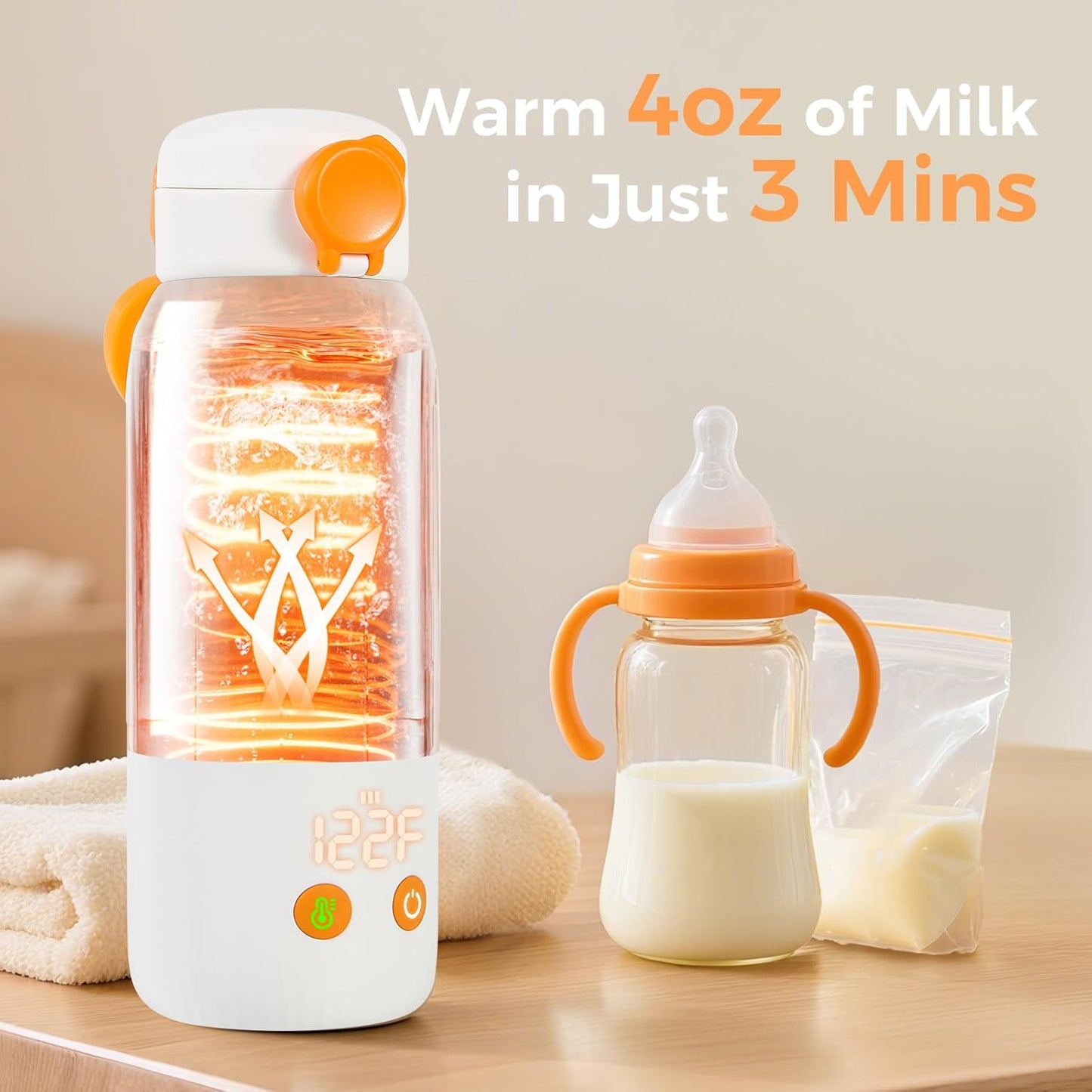 Portable Bottle Warmer for Travel, 12oz Large Capacity Fast Heating Breast Milk, Water & Formula On The Go Baby Bottle Warmer Accurate Temp Control with 4 Levels Long Battery Life for Car & Airplane