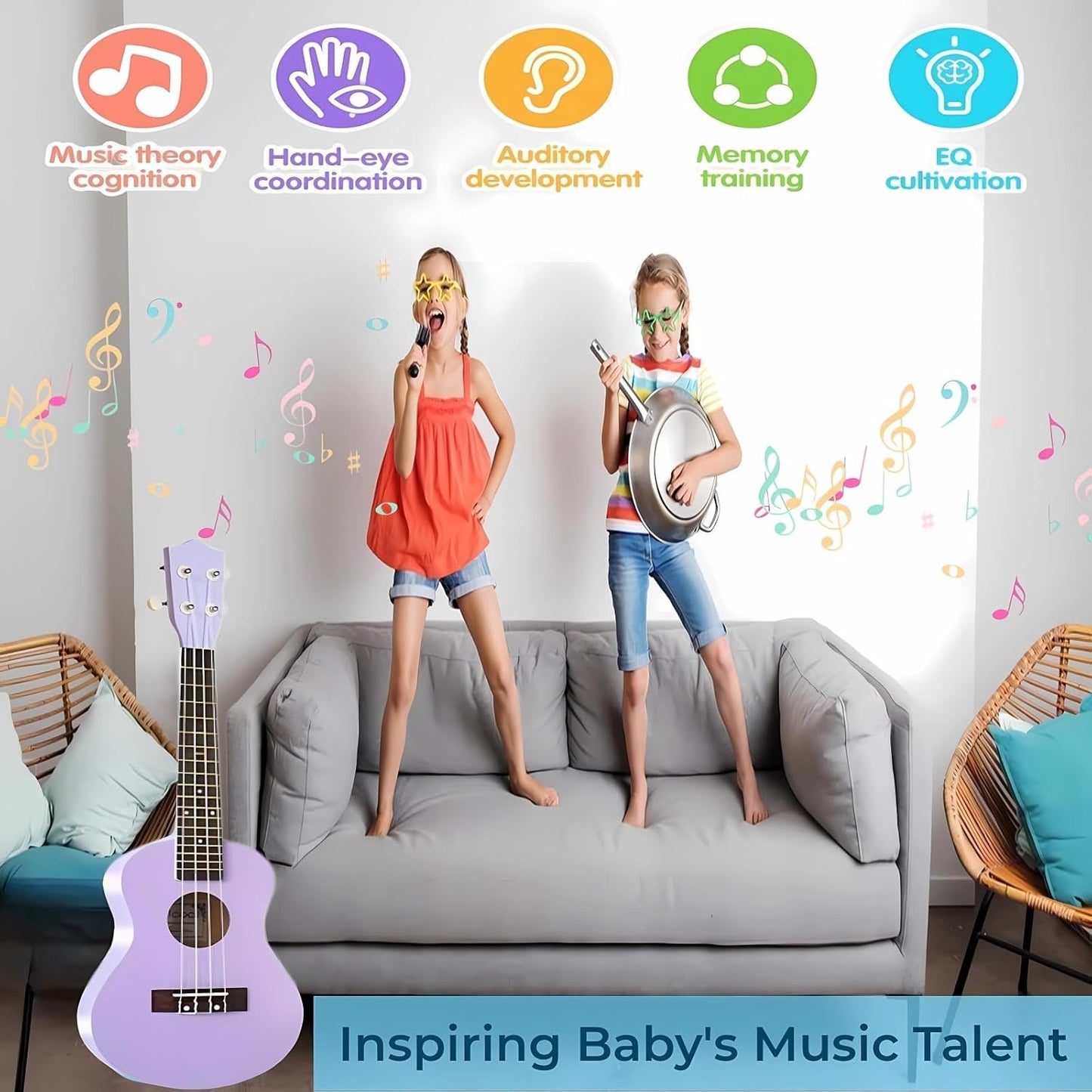 21 Inch Carbon Fibre Kids Toddler Child Children Acoustic Guitar Ukulele Musical Instruments Ideal for 3-9 Year Old Boys Girls Gifts (Purple)