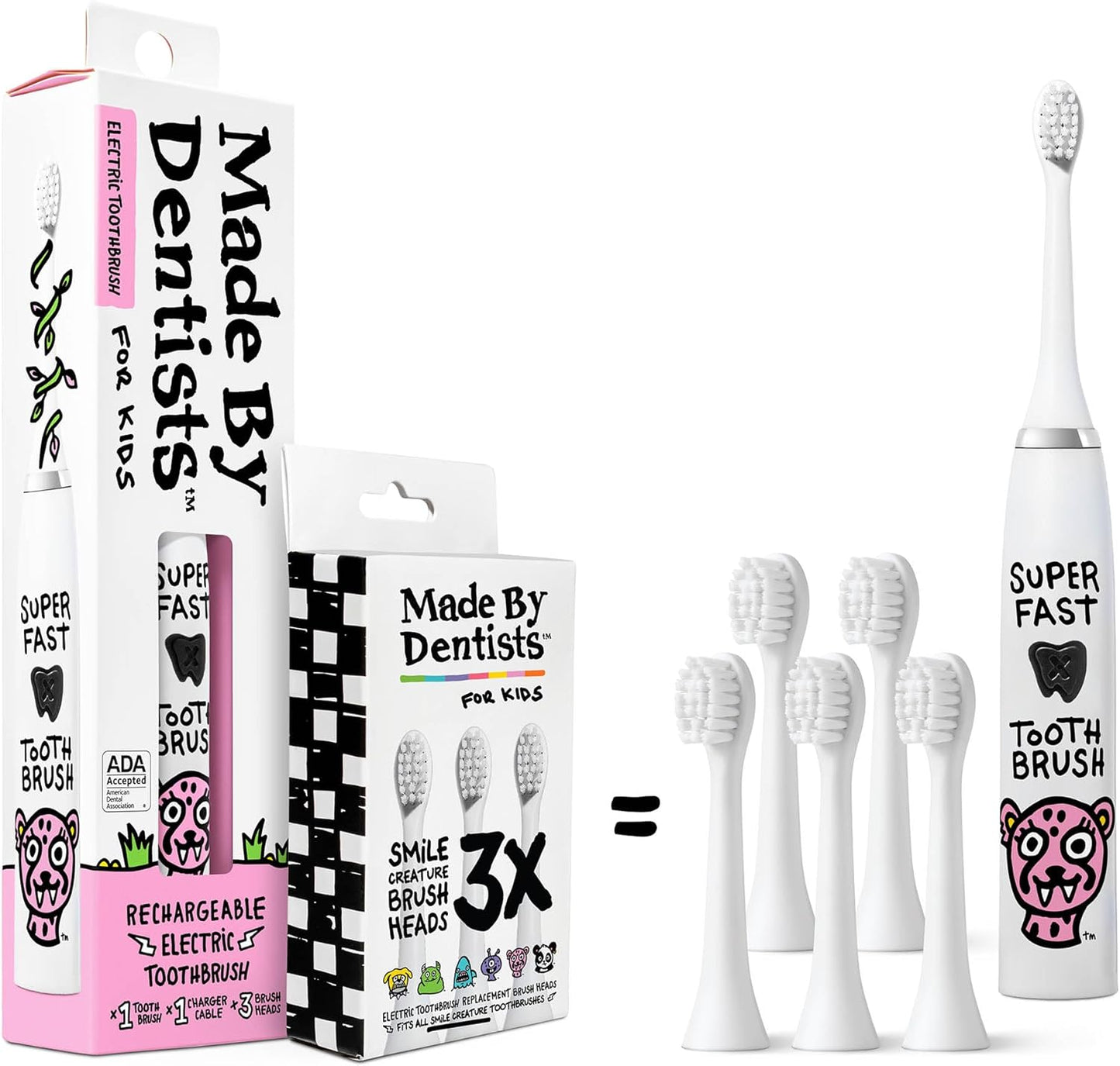 Kids Electric Toothbrush - Rechargeable Vibrating Toothbrush with Timer, Includes 6 Replacement Heads, Gently Cleans Teeth, for Girls and Boys, Kids & Toddlers Age 2+, Cheetah