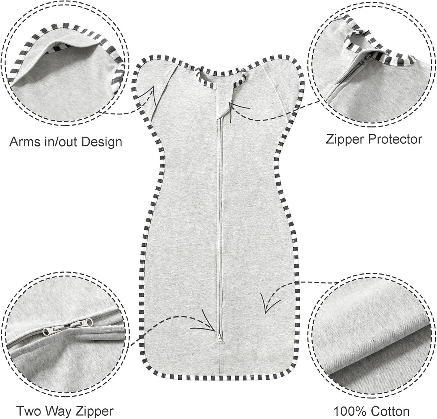 Transition Swaddle, 2 Pack 100% Cotton Baby Sleep Sack, 2-Way Zipper Infant Arm Up Swaddle for Newborn Baby Boys Girls (Light Green + Light Grey, L(6-9 Months))