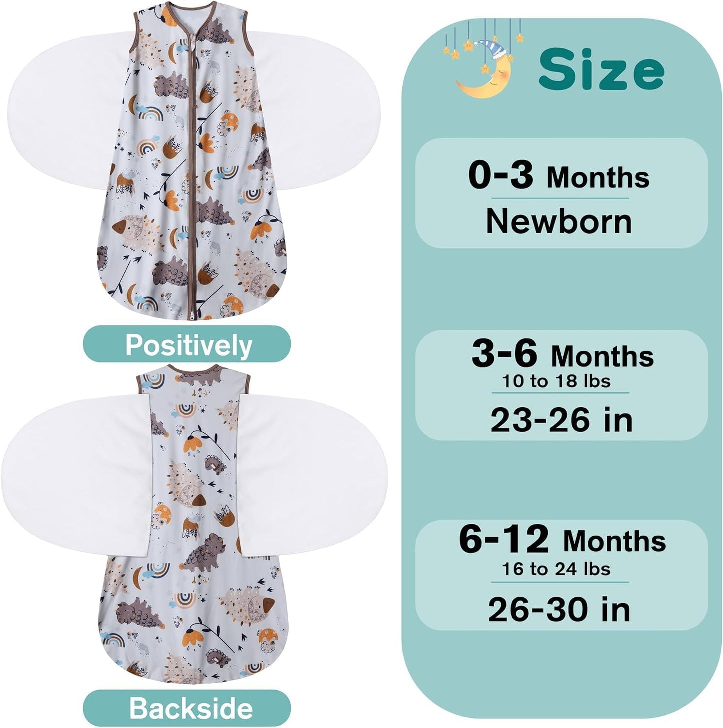 Newborn Sleep Sack Baby Swaddle,3-Way Adjustable Wearable Blanket,100% Rayon Cotton Swaddling Sleeping Bag，TOG 0.5 (Fox & Dinosaurs, 3-6 Months)