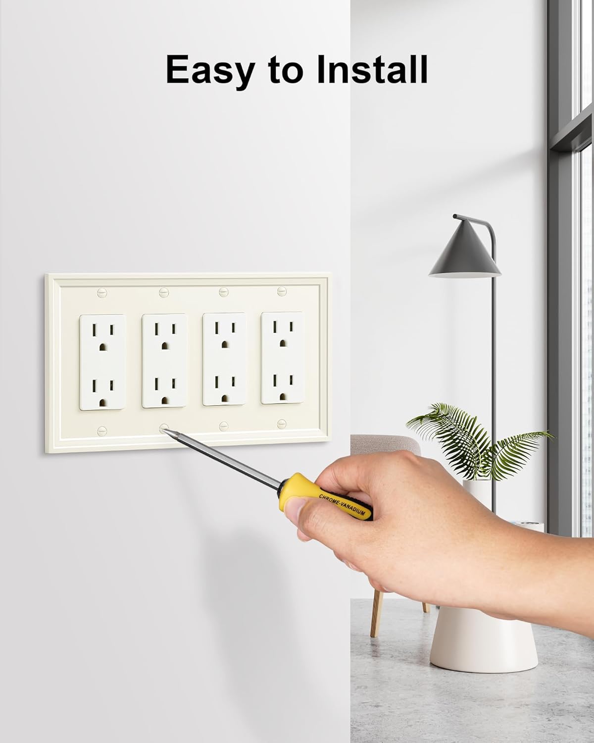 2-Pack Quad Decorator Outlet Cover Plate, Light Almond Modern Decorative Switch Plates and Outlet Covers, Natural Bamboo Fiber Wall Plates for Electrical Outlets